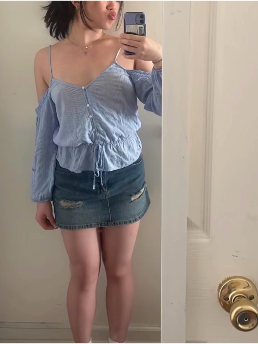 Light Blue Cold-Shoulder Button Front Women's Top